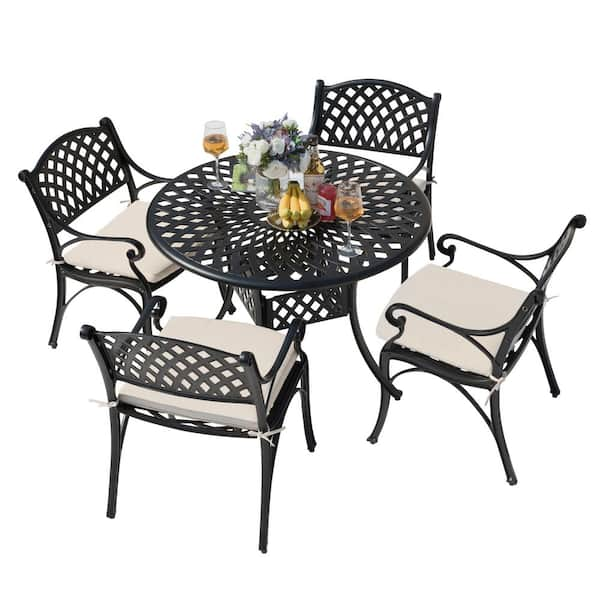 Antique Bronze 5-Piece Cast Aluminum Patio Dining Set Outdoor Bistro Conversation Set with Creamy White Cushion