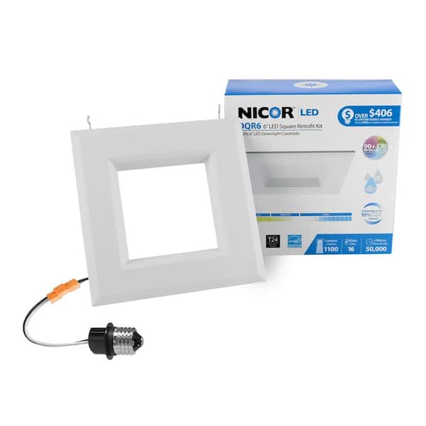 NICOR DLR Series 6 in. White (1280 Lumens) LED Square Recessed Retrofit Downlight Trim Kit, 3000K