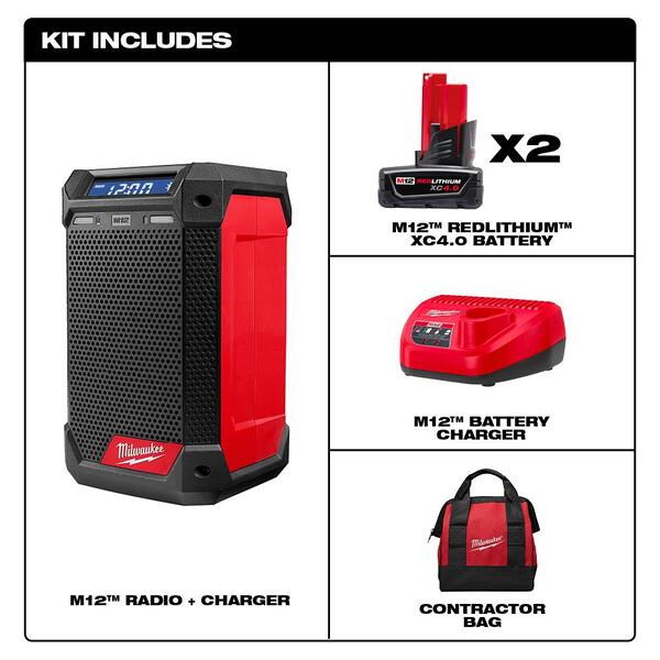 Milwaukee - M12 12-Volt Lithium-Ion Cordless Bluetooth/AM/FM Jobsite Radio Kit W/ Two 4.0 Ah Batteries , Charger & Tool Bag