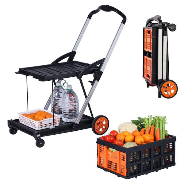 198 lbs. Capacity 2-Tier Folding Cart, Multi-Use Collapsible Shopping/Luggage/Moving Cart, 2-in.-1 Hand Truck
