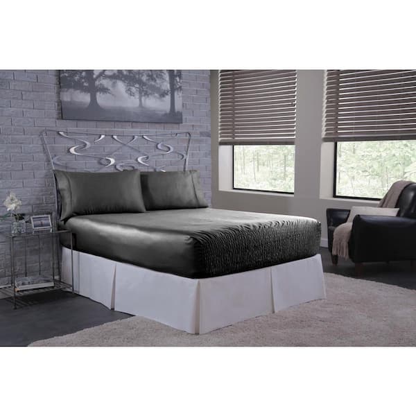 Bed Tite Satin 4-Piece Black Solid 300 Thread Count Queen Sheet Set