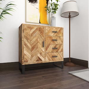 Brown Mango Wood 4 Drawers 1 Shelf and 1 Door Geometric Cabinet with Wood Inlay