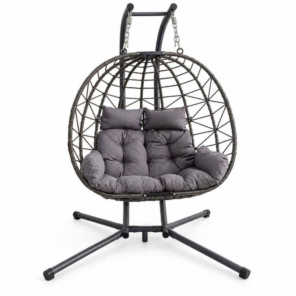 2-Person Gray Wicker Outdoor Egg Chair Patio Swing with Stand and Cushions