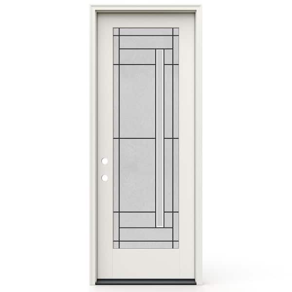 36 in. x 96 in. Right-H and Full Lite Frameless Atherton Decorative Glass Primed Fiberglass Prehung Door W/ Brickmould