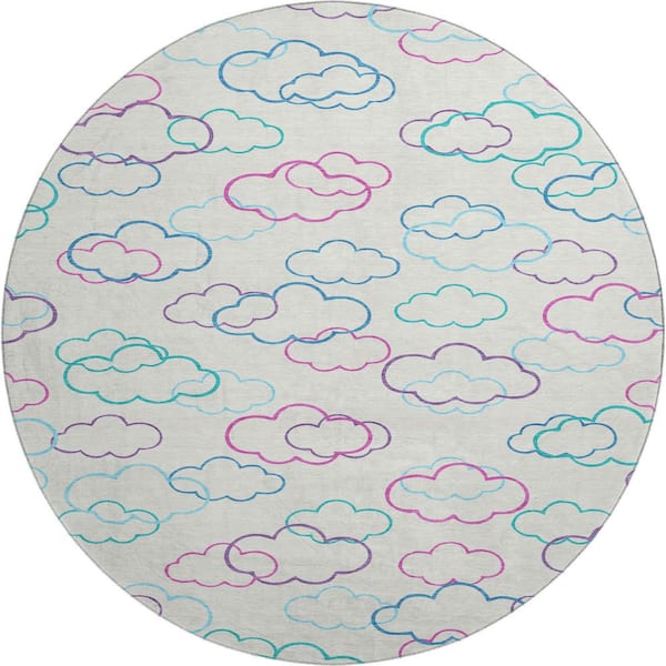Mayfield Premium Machine Washable Abstract AMF2508 Ivory 8 ft. x 8 ft. Round Rug