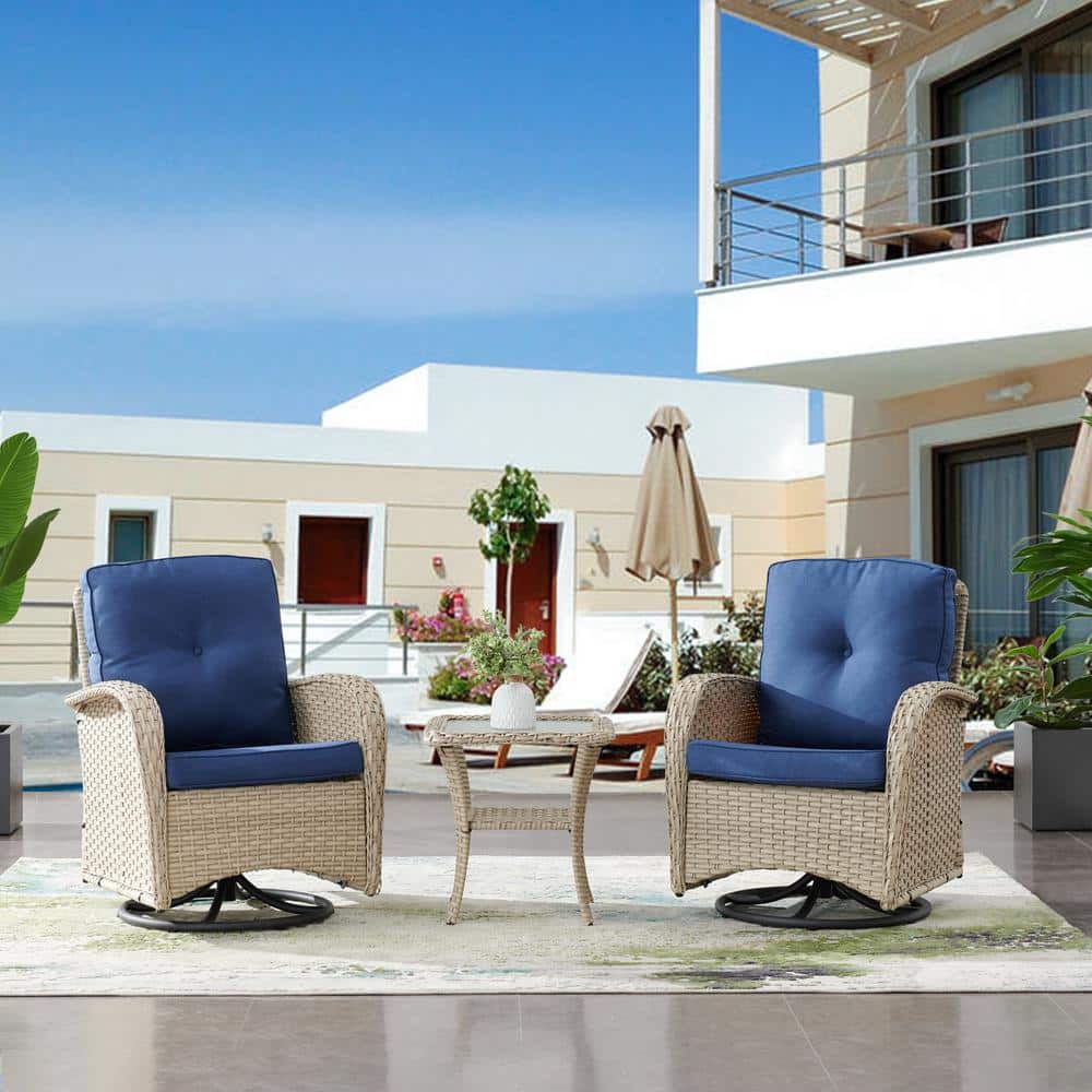 PlainCurve 3-Piece Light Beige Wicker Swivel Outdoor Rocking Chairs Patio Conversation Set with Olefin Blue Cushions price history on PriceWatchPro