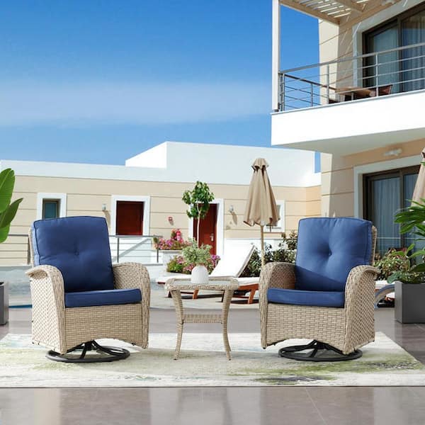 Opohoro PlainCurve 3-Piece Light Beige Wicker Swivel Outdoor Rocking Chairs Patio Conversation Set with Olefin Blue Cushions
