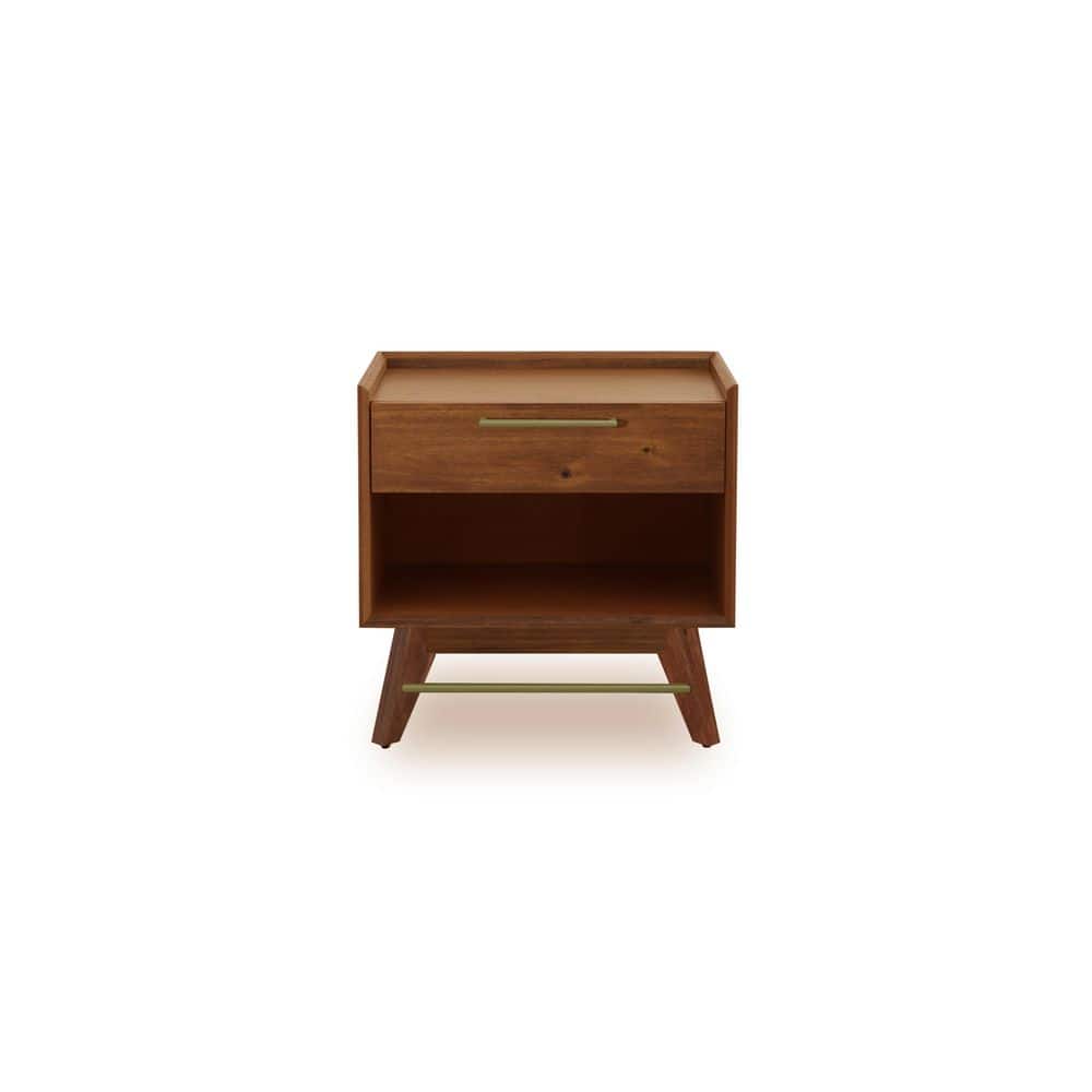 Walnut Acacia Wood Nightstand with Brass Handle and Shelf