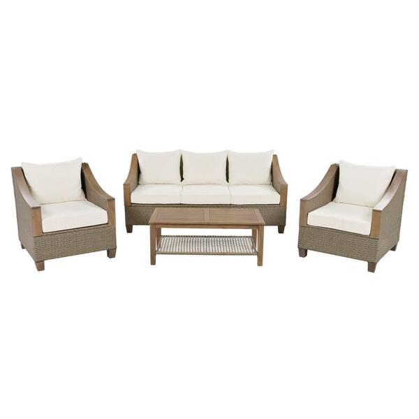 Sudzendf Brown Gray 4-Piece Metal Outdoor Patio Conversation Set with Beige Cushions and Wooden Coffee Table
