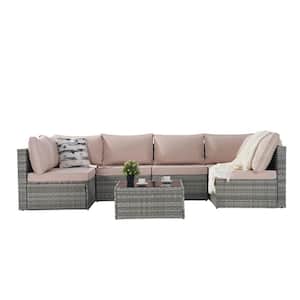 7-Pieces Patio Conversation Wicker Rattan Outdoor Furniture Sofa Sectional with Brown Cushions