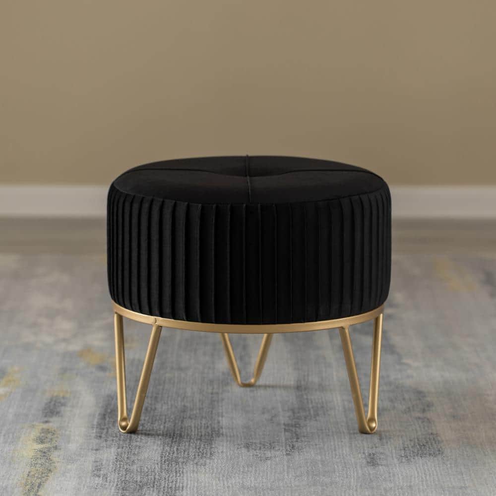 Black Velvet Round Ottoman with Gold Hairpin Base
