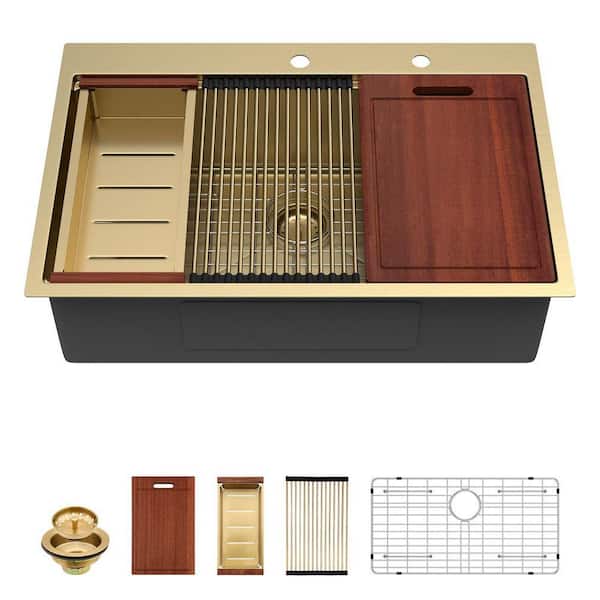 36 in. Drop-in Workstation Sink Single Bowl 16-Gauge Gold Stainless Steel Kitchen Sink with Bottom Grid