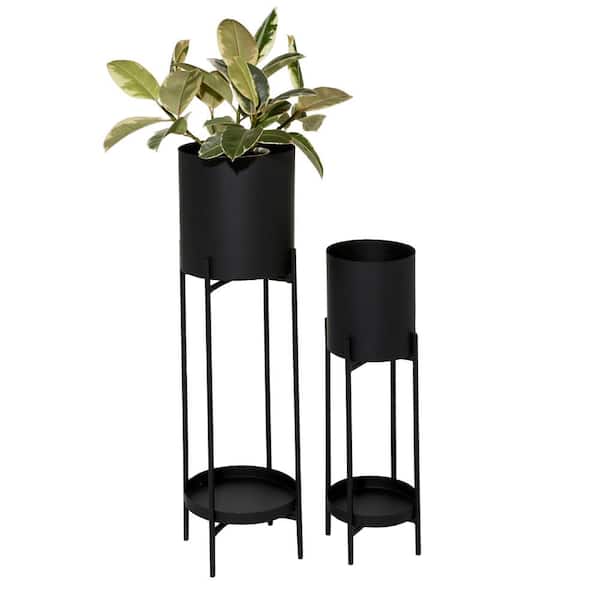 33 in., and 24 in. Extra Large Black Metal Indoor Outdoor Planter with Removable Stand (2- Pack)