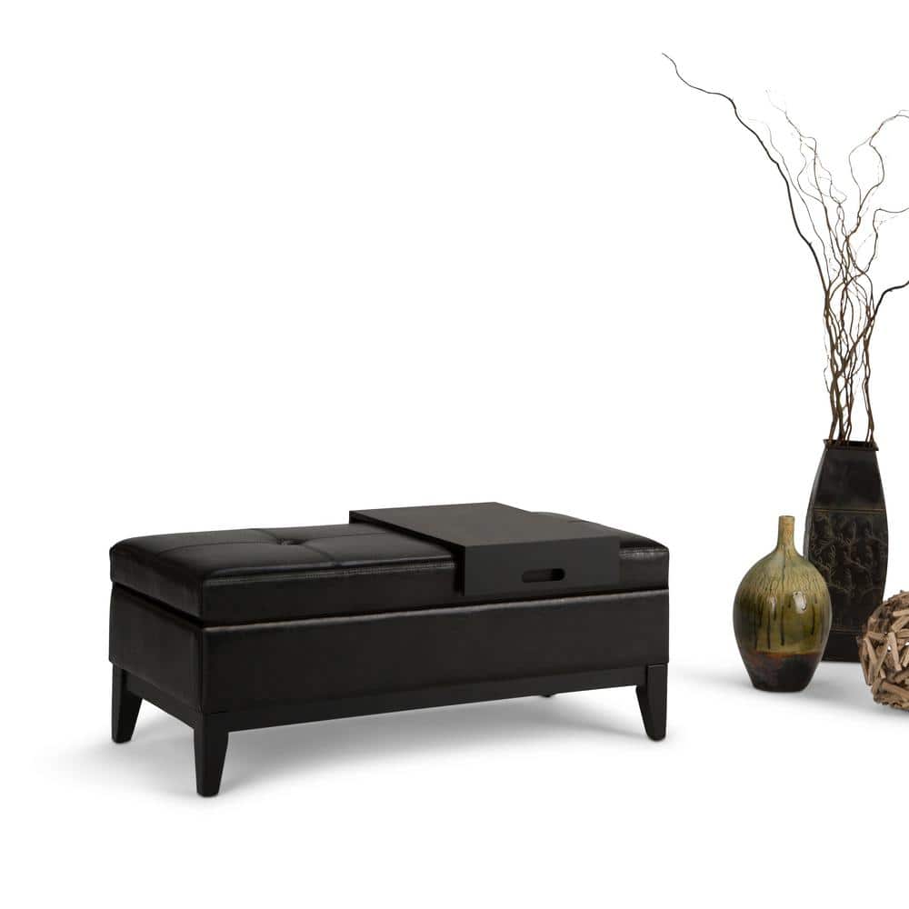 Midnight Black Tufted Faux Leather Cocktail Ottoman with Tray & Storage