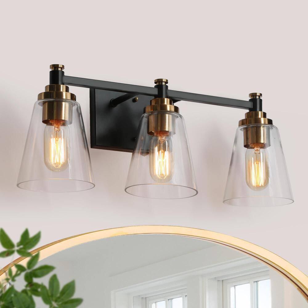 21 in. 3-Light Brass-Plated Bathroom Vanity Light, Cone Clear Glass Bath Lighting, Black Industrial Indoor Wall Sconce price history on PriceWatchPro