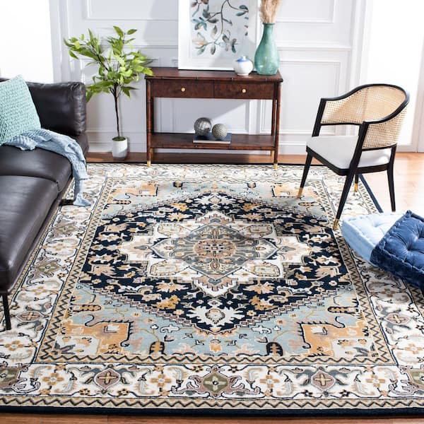 Heritage Navy/Ivory 8 ft. x 8 ft. Border Floral Medallion Square Area Rug