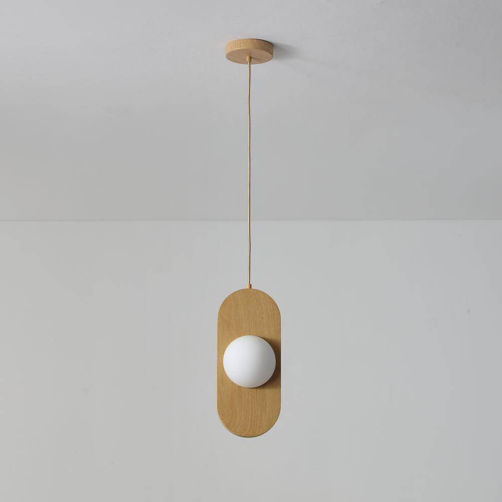 Natural Wood and Frosted Glass LED Pendant Light, 14" x 6"