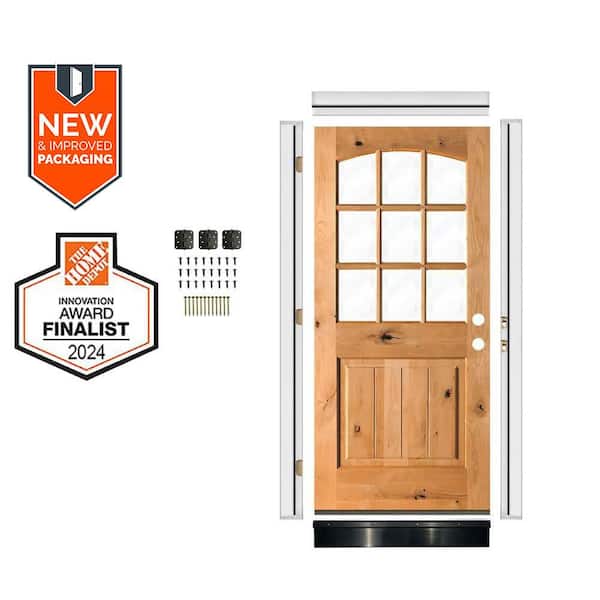 DIY 36 in. x 80 in. Arch Top Left-Hand Clear Glass Clear Stain Alder Wood Front Door Kit w/ Quick Assemble Jamb