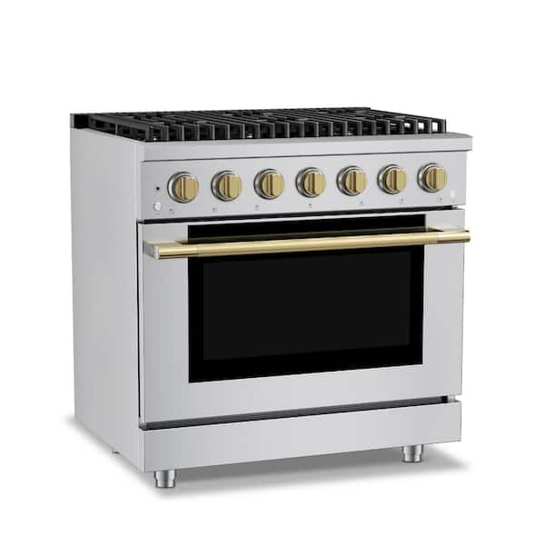 HausPro 36 in. 6-Burners (20,000 BTU) Freestanding Dual Fuel Range in Stainless Steel with Convection Oven Satin Brass