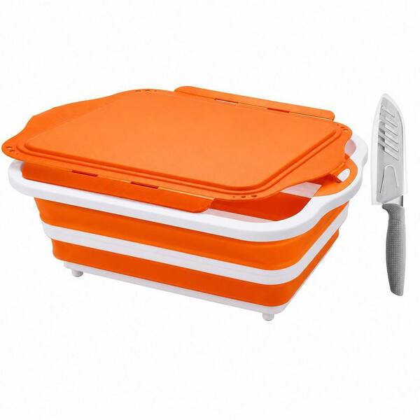 Foldable Camping Sink, Colander, Cutting Board, Dish Basin-Orange Collapsible BBQ Prep Tub with Lid