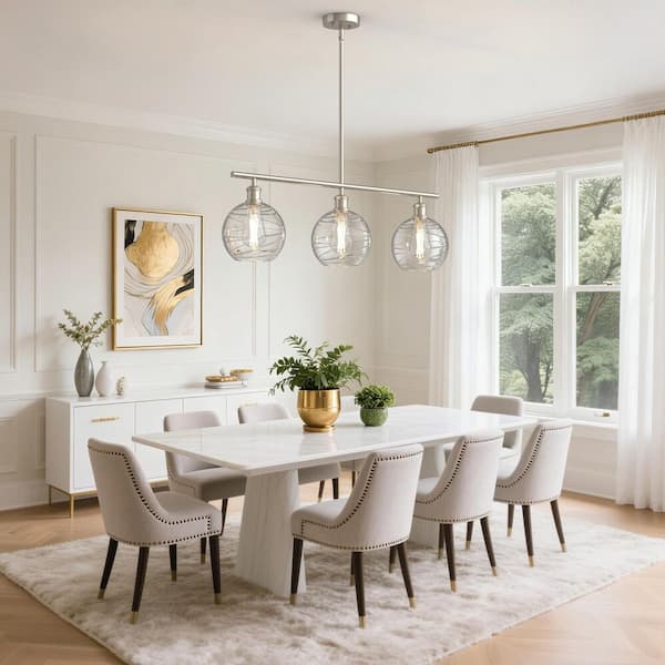 3-Light Brushed Nickel Modern Island Pendant Light Fixtures, Linear Chandelier Hanging Light with Clear Glass Shade
