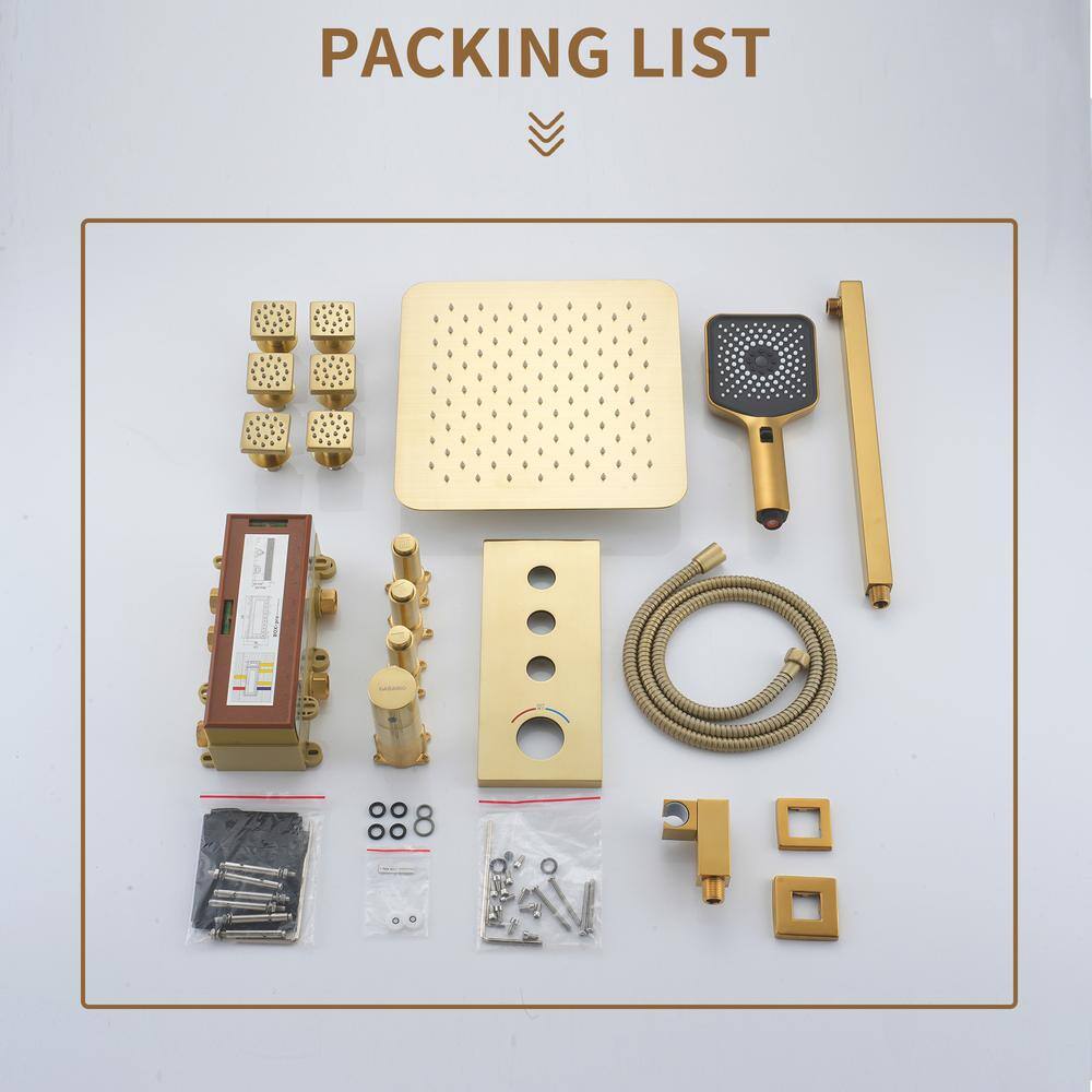 Brushed Gold Dual Square Wall Mount Shower System with Handheld