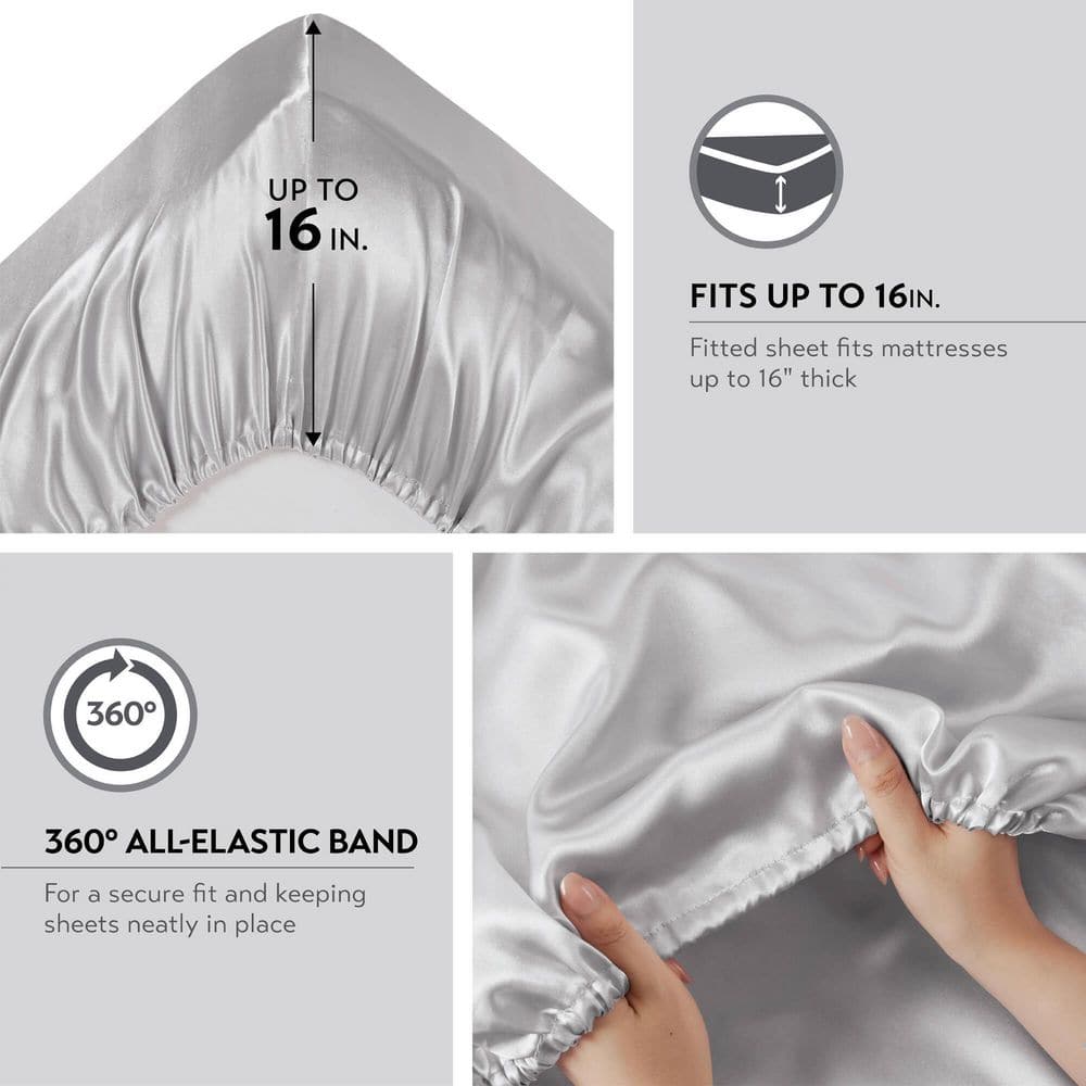 Light Grey Satin California King Sheet Set with Pillow Covers