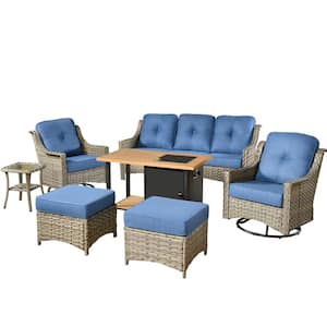 Denver 7-Piece Wicker Outdoor Patio Conversation Sofa Set with Swivel Chairs, a Storage Fire Pit and Sky Blue Cushions