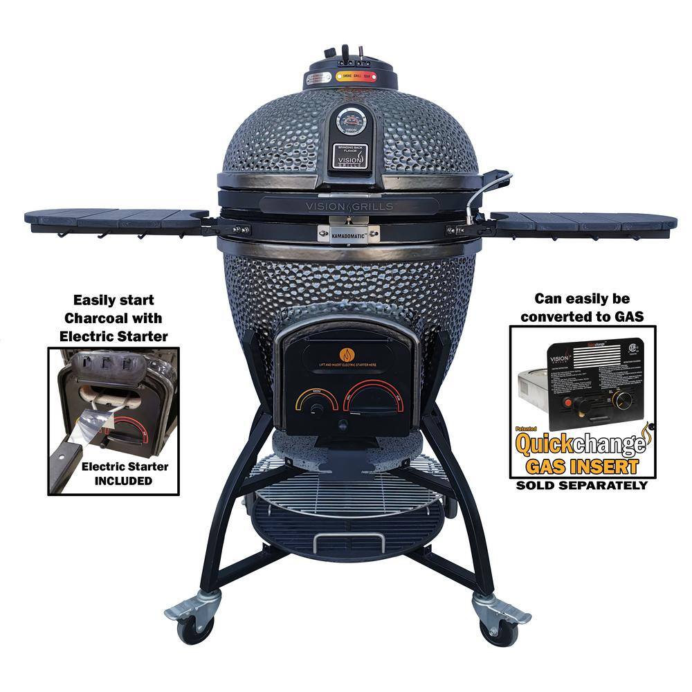 24 in. Kamado XD702 Ceramic Charcoal Grill in Metallic Grey with Cover,  Storage Cart, Shelves, Lava Stone, Ash Drawer