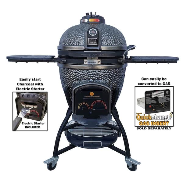 22 in. Kamado XD402 Ceramic Charcoal Grill in Metallic Grey with Cover,  Storage Cart, Shelves, Lava Stone, Ash Drawer