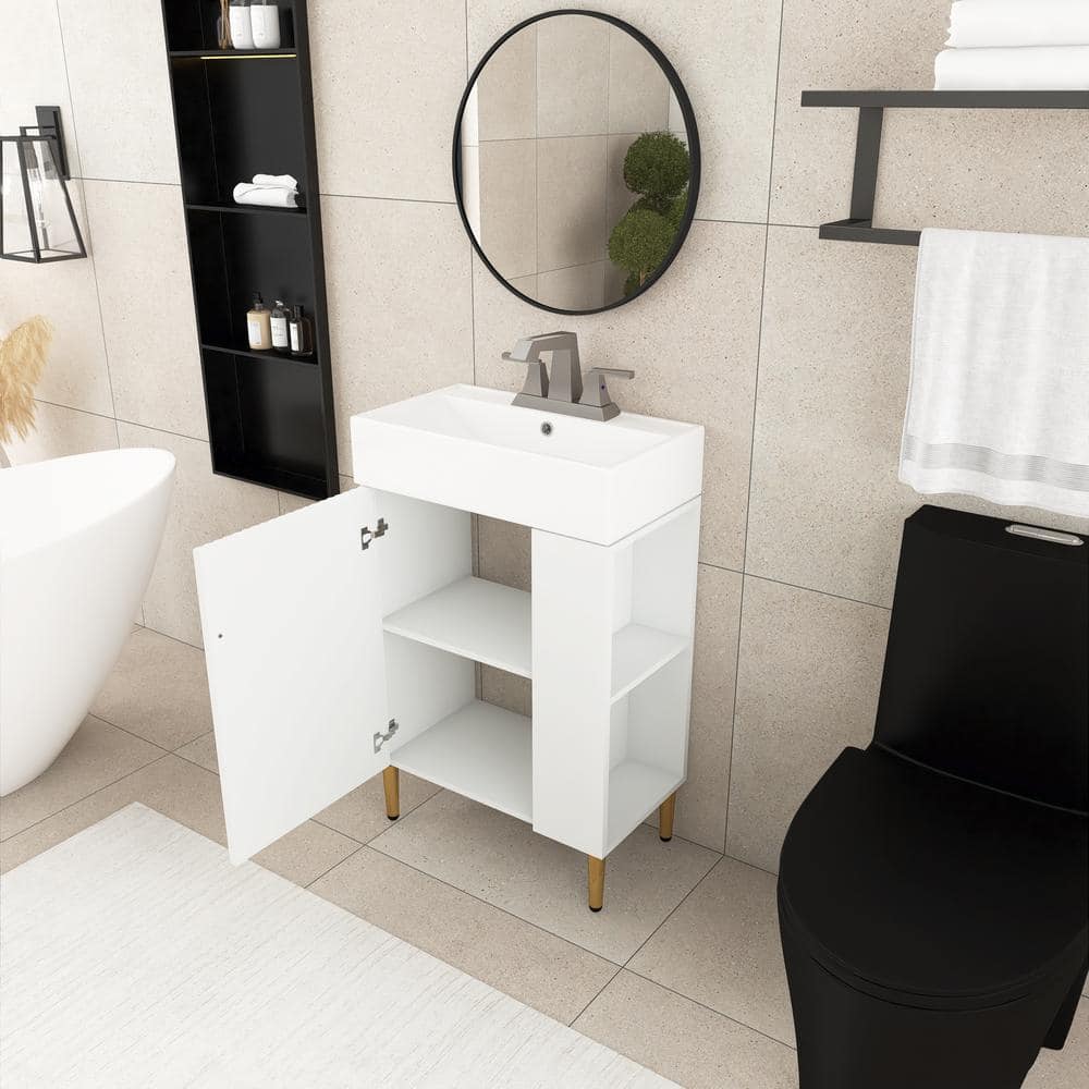 21.6 in. White Freestanding Bath Vanity with Ceramic Top and Right Side Storage