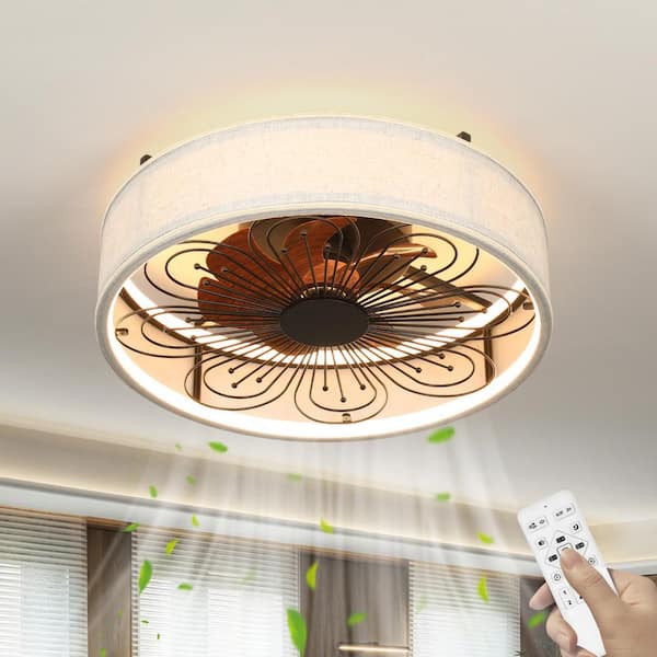 TOZING 20 in. Modern Indoor Black Low Profile Caged Flush Mount Ceiling Fan Light with Integrated LED with Remote for Bedroom