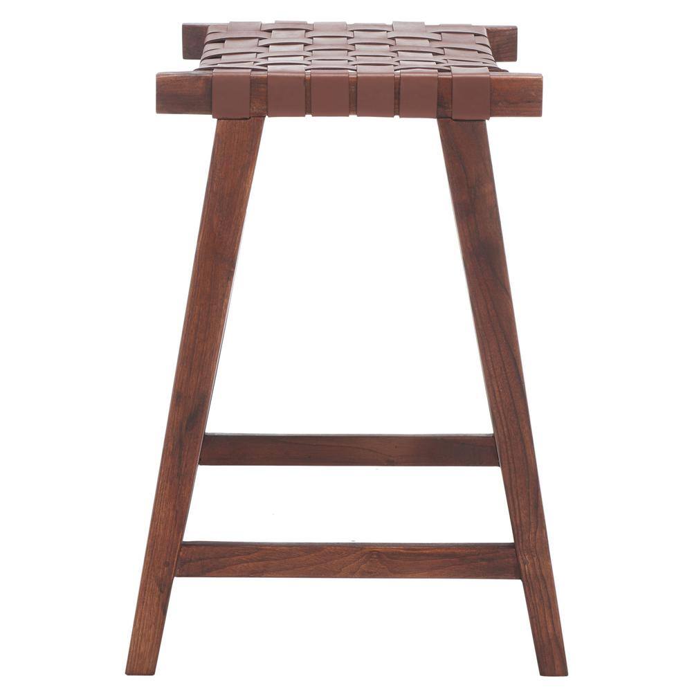 Cognac Woven Leather and Walnut Wood Backless Counter Stool