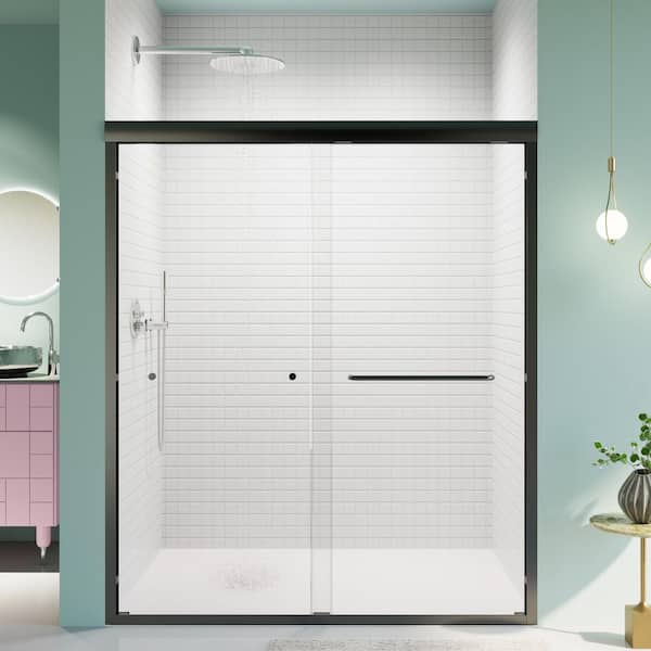 56 to 60 in. W x 70 in. H Double Sliding Framed Shower Door in Matte Black Finish with Clear Glass