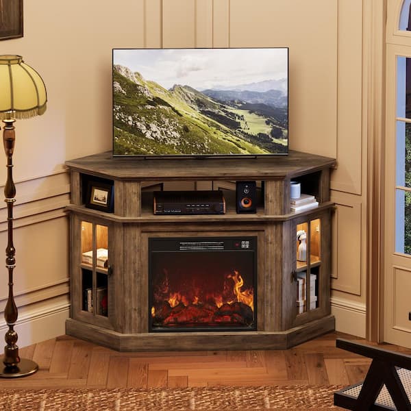 47 in. Walnut Corner TV Stand with Fireplace and LED Lights Fits TV's up to 55 in.