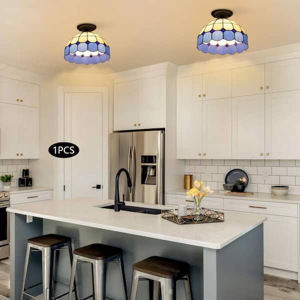 OUKANING 11.81 in. 1-Light White and Blue Retro Semi-Flush Mount