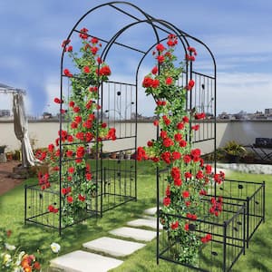 79.5 in. W x 86.6 in. H Metal Garden Arch Outdoor Trellis with 2 Plant Stands for Climbing Plants Support Rose, Black