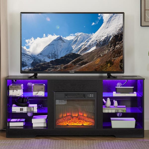 58 in. Freestanding Electric Fireplace TV Stand with 18 in 3D Electric Fireplace, LED Lights, USB Charging Outlet, Black
