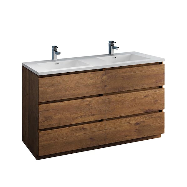 Fresca Lazzaro 60 in. Modern Double Bathroom Vanity in Rosewood with Vanity Top in White with White Basins