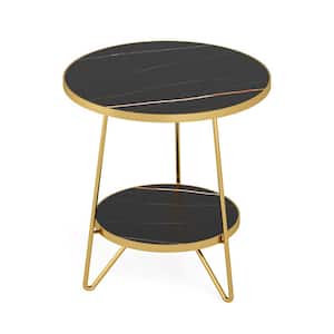 Kerlin 18.7 in. Black Round Faux Marble End Table, 2 Tier Round Side Table with Shelves, Modern Nightstand Bedside Table