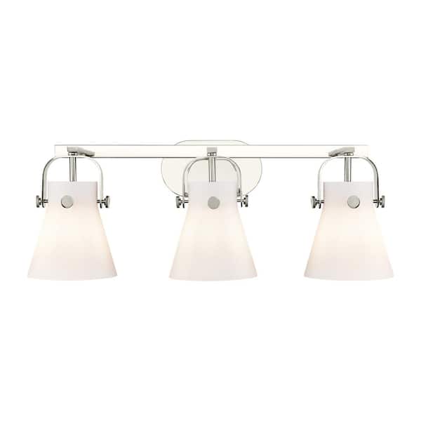 Innovations Pilaster II Cone 26.5 in. 3-Light Polished Nickel Vanity Light with Glass Shade