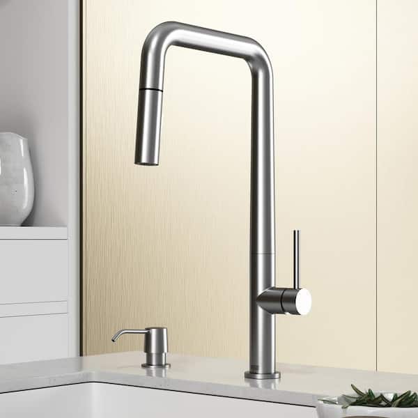 VIGO Parsons Single Handle Pull-Down Sprayer Kitchen Faucet Set with Soap Dispenser in Stainless Steel