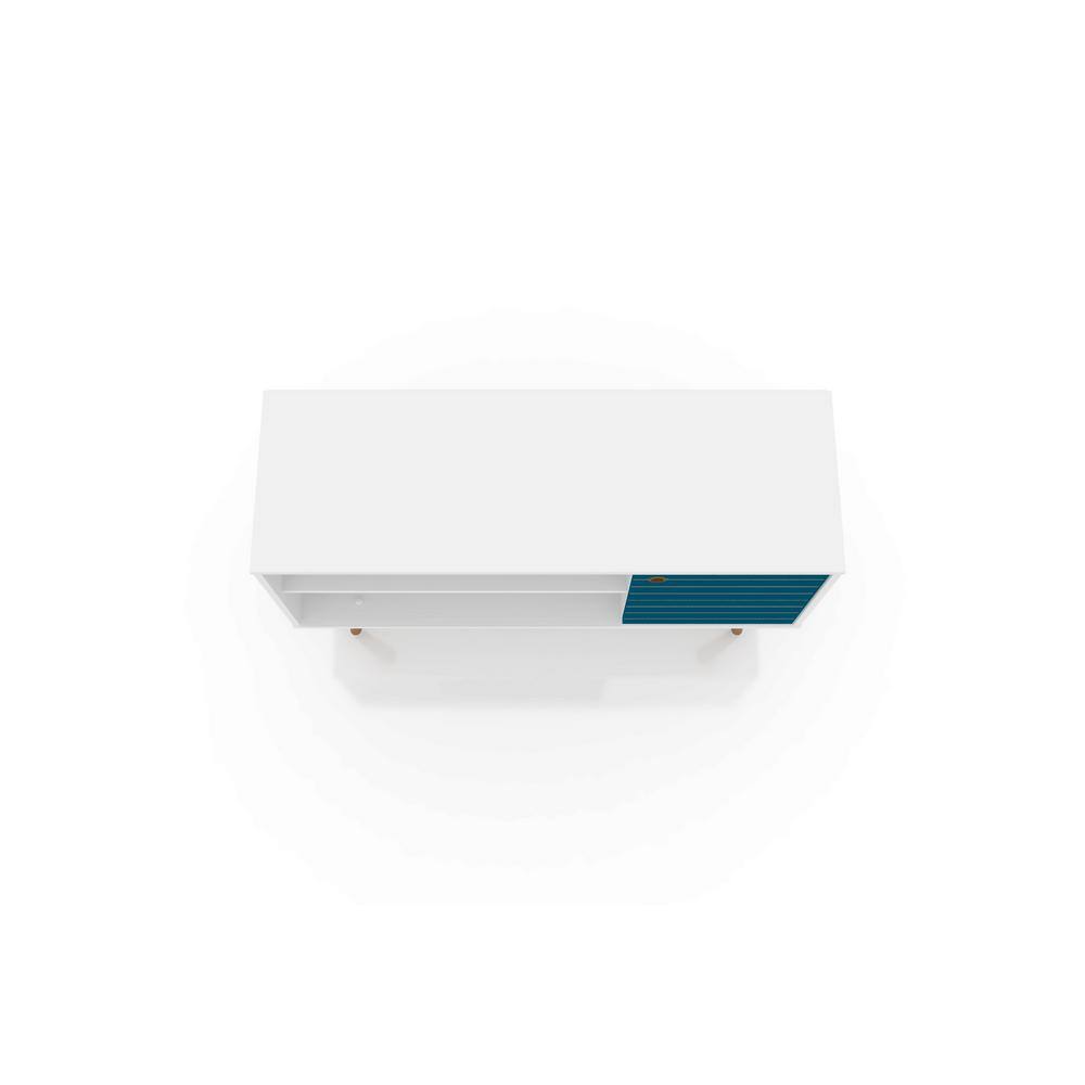 White and Aqua Blue Mid-Century Modern TV Stand with Cabinet