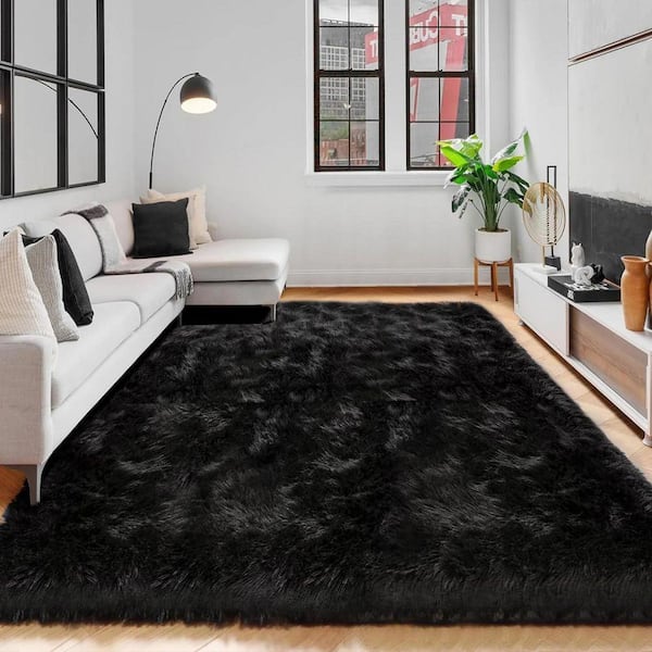 iliebe Sheepskin Faux Furry Black Cozy Rugs 6 ft. x 9 ft. Area Rug