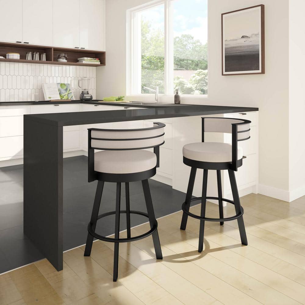 Modern Cream Faux Leather Swivel Barstool with Black Metal Base