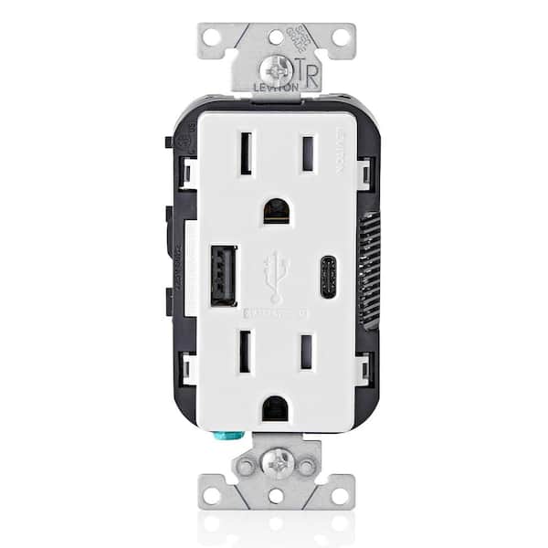 Leviton 15 Amp Decora Type A and C USB Charger Tamper-Resistant Outlet, White