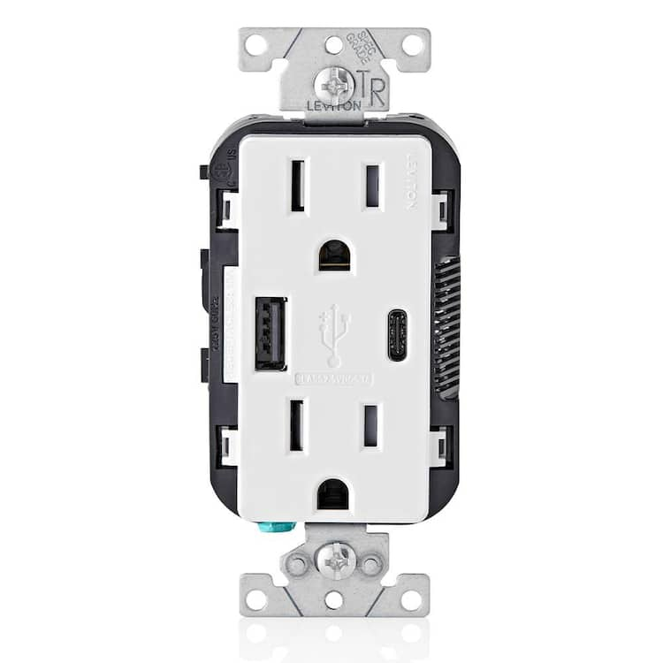 Leviton 15 Amp Decora Type A and C USB Charger Tamper-Resistant Outlet, White