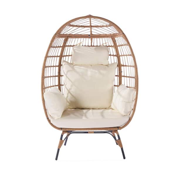 ITOPFOX Beige Wicker Outdoor/Indoor Egg Lounge Chair with 5 Beige Cushions and Steel Frame for Patio, Backyard, Living Room