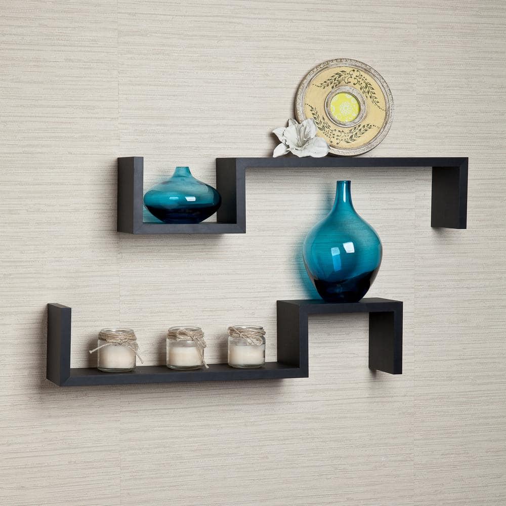 Black Geometric MDF Wall Display Shelves, Set of 2