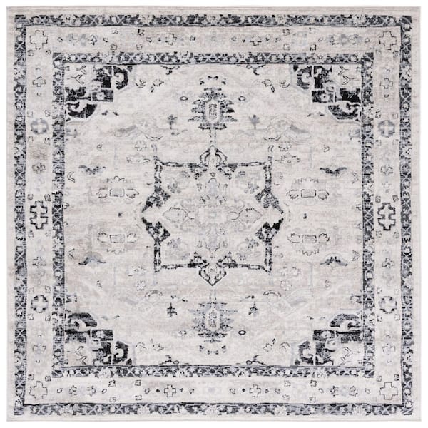 Brentwood 7 ft. x 7 ft. Square Ivory/Black Border Medallion Area Rug